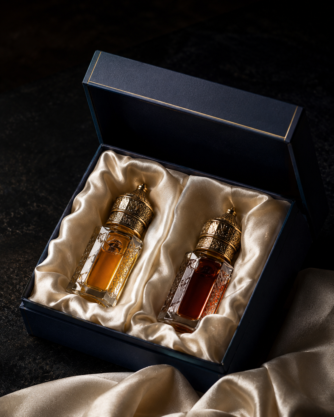 Scentelle attar bottles arranged in a silk-lined gift box