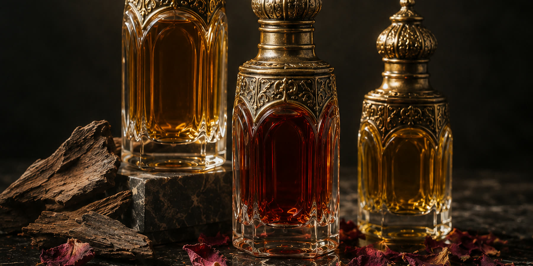Three Scentelle attar bottles with engraved brass caps