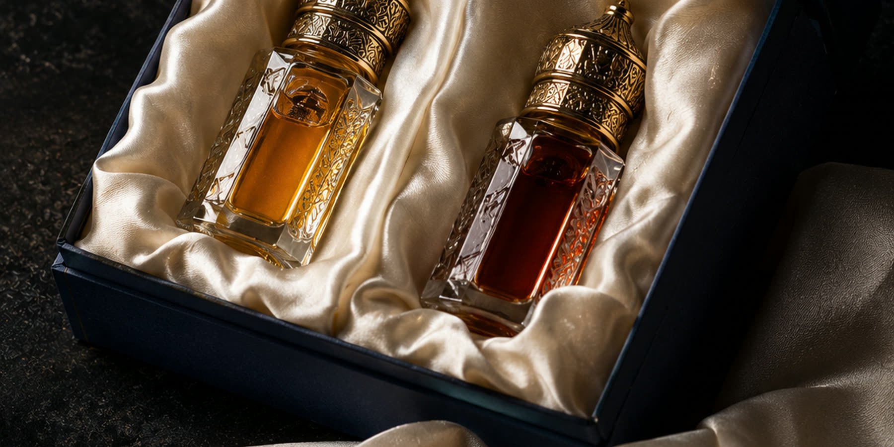 Scentelle attar bottles arranged in a silk-lined gift box
